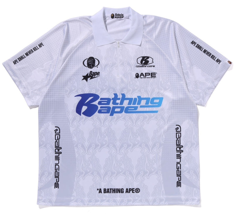 A BATHING APE FLAME PATTERN OVERALL PRINT HALF ZIP RELAXED FIT POLO SHIRT