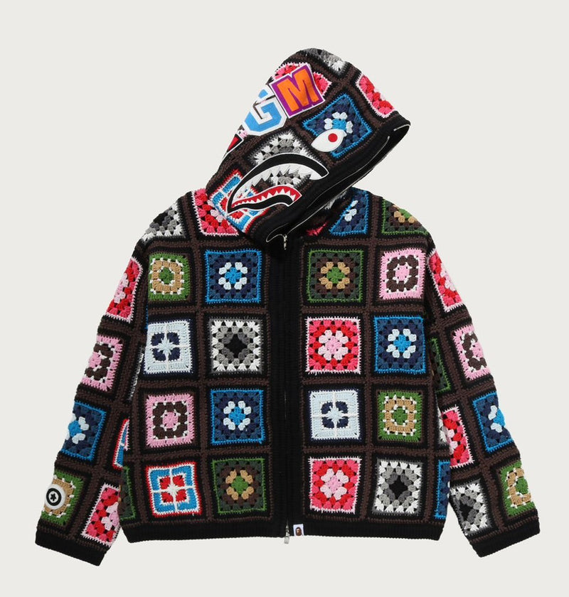 A BATHING APE MULTI LOGO CROCHET SHARK EWLAXED FIT HOODIE