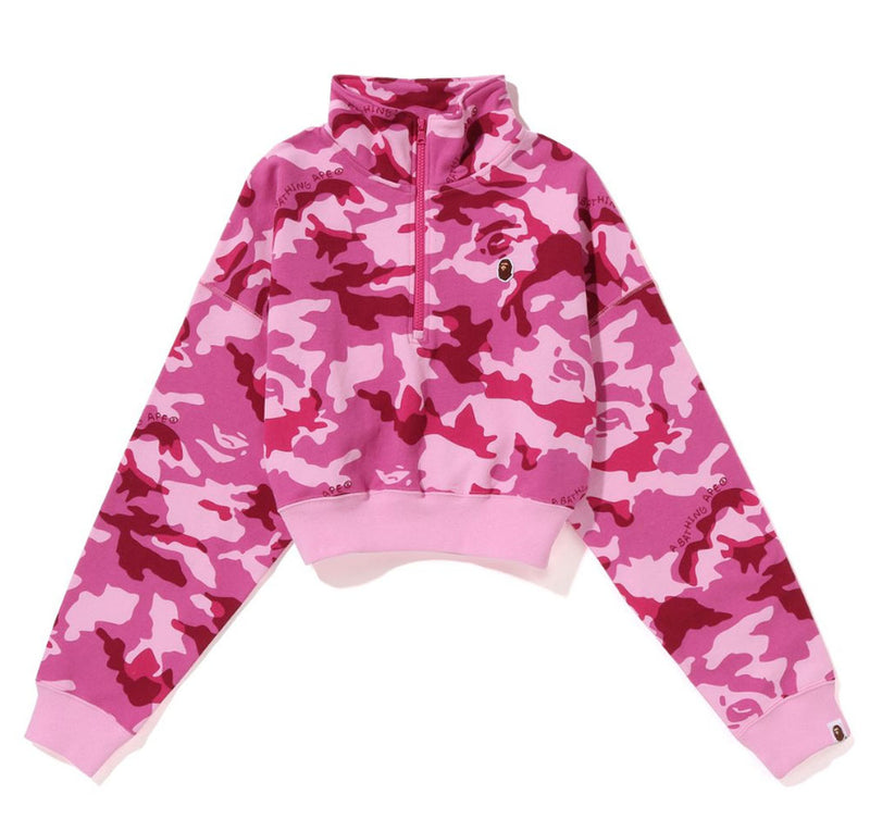 A BATHING APE Ladies' WOODLAND CAMO CROPPED HALF ZIP SWEATER