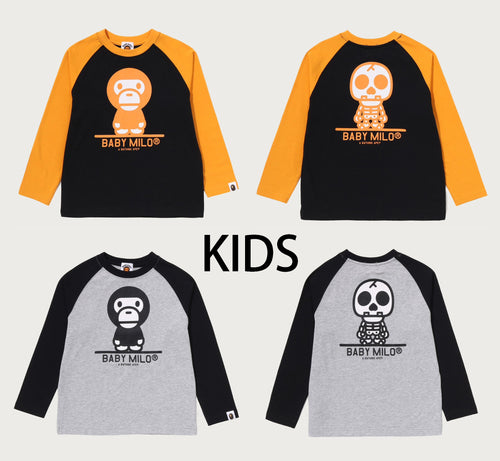 A BATHING APE BAPE KIDS BABY MILO SKULL RAGLAN LS TEE