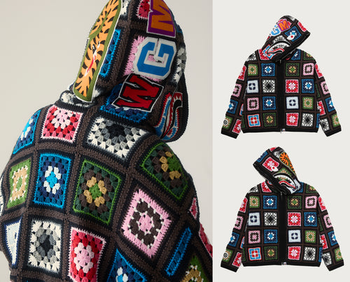 A BATHING APE MULTI LOGO CROCHET SHARK EWLAXED FIT HOODIE