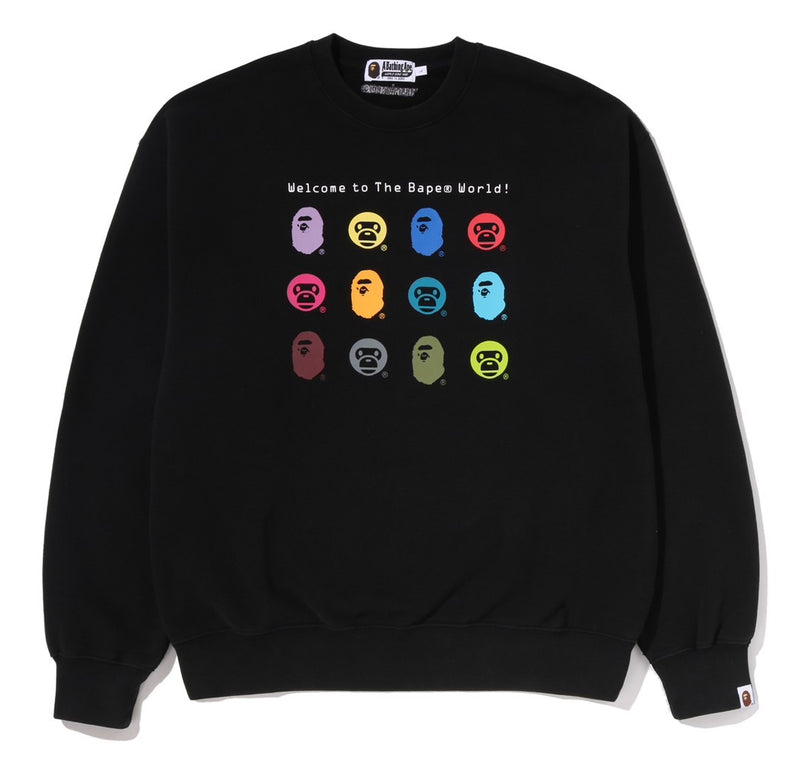 A BATHING APE HEAVY WASHED MULTI LOGO RELAXED FIT CREWNECK SWEAT SHIRT