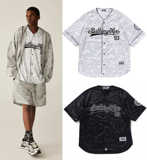 A BATHING APE CAMO STRIPE BASEBALL SHIRT