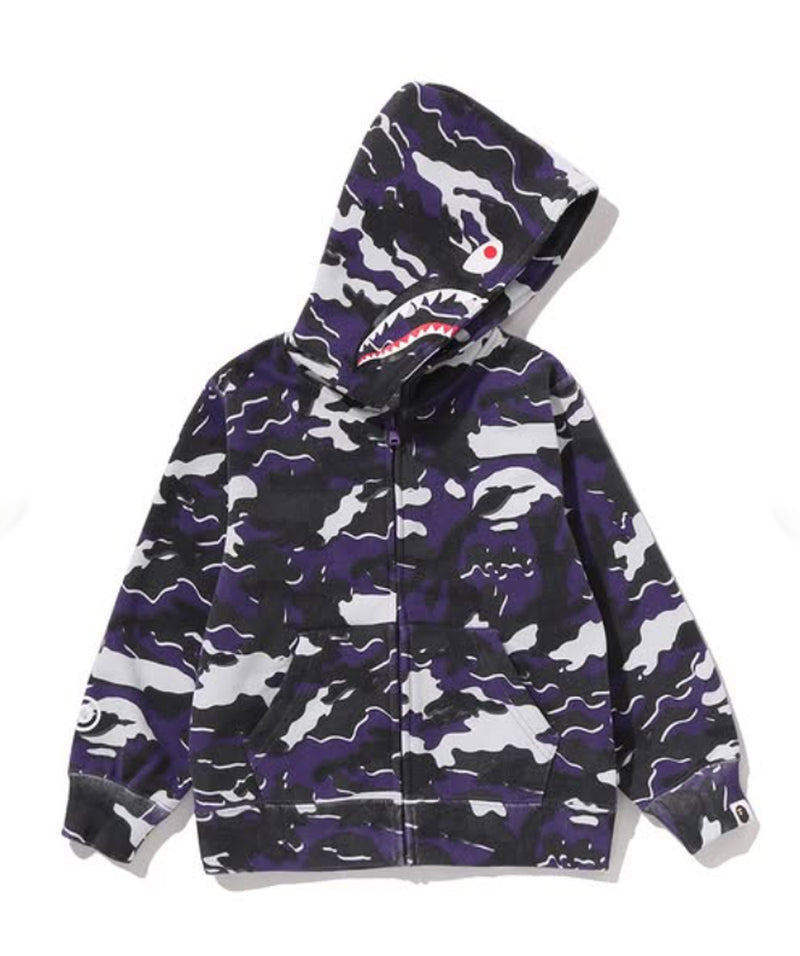 A BATHING APE BAPE KIDS GLITCH WOODLAND CAMO SHARK ZIP HOODIE