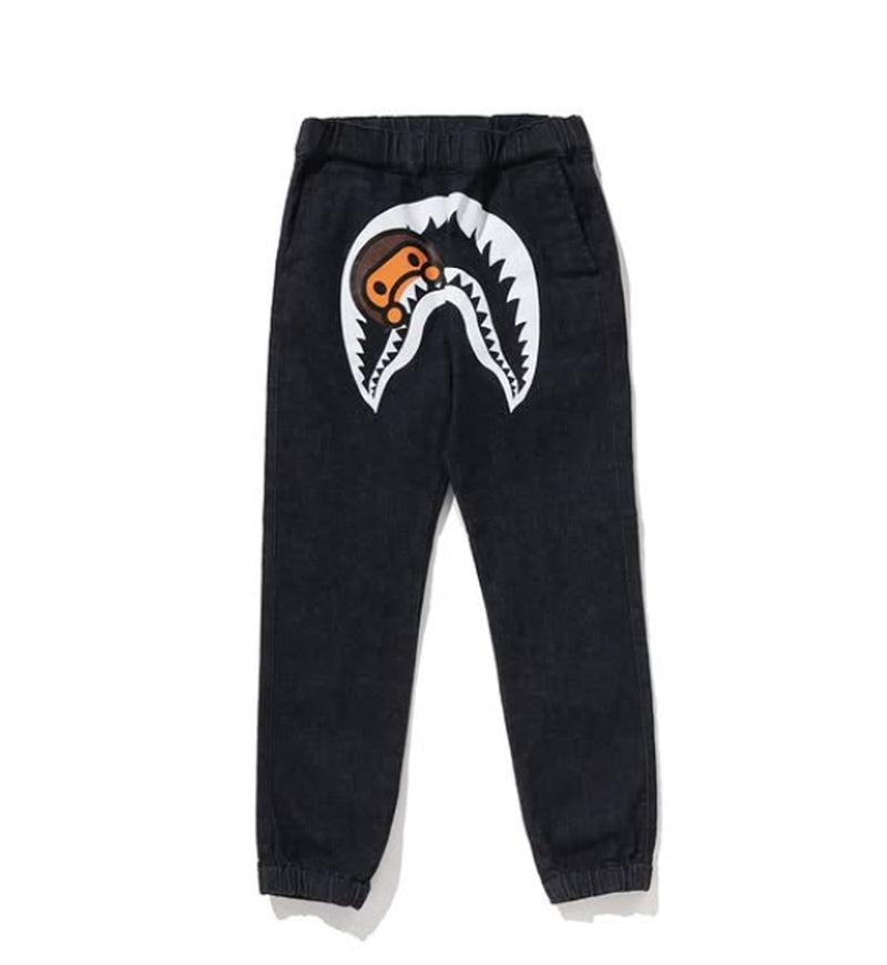 A BATHING APE BAPE KIDS MILO SHARK JOGGER 10 OZ DENIM PANTS