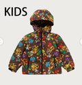 A BATHING APE BAPE KIDS MILO MULTI DONOSAURS PATTERN ZIP HOODIE PADDED JACKET