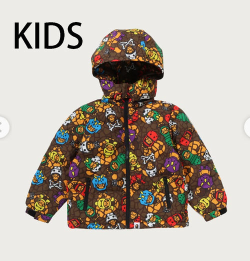 A BATHING APE BAPE KIDS MILO MULTI DONOSAURS PATTERN ZIP HOODIE PADDED JACKET