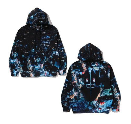 A BATHING APE OVERALL PRINT CREASE RELAXED FIT PULLOVER HOODIE