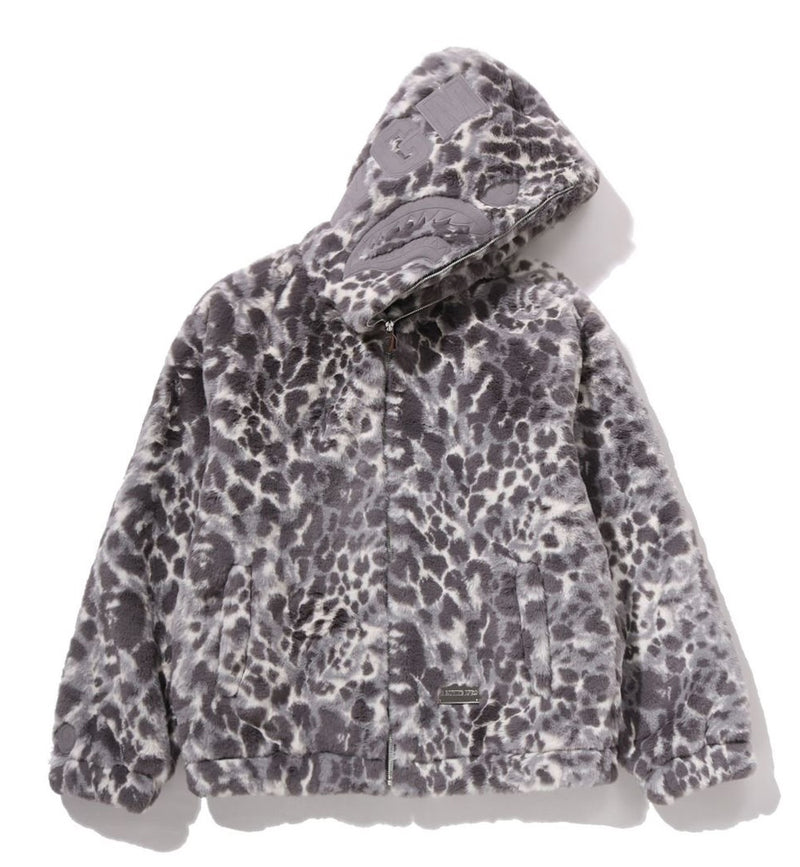 A BATHING APE WILD LEOPARD PATTERN FAUX FUR SHARK FULL ZIP JACKET