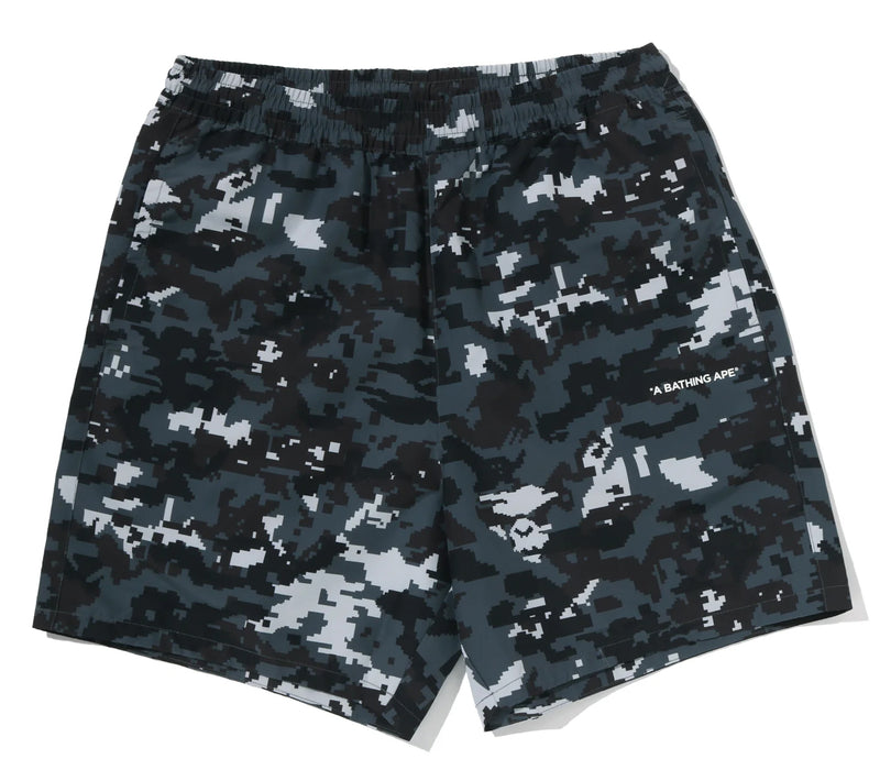 A BATHING APE MULTI PIXEL CAMO RELAXED FIT BEACH SHORTS
