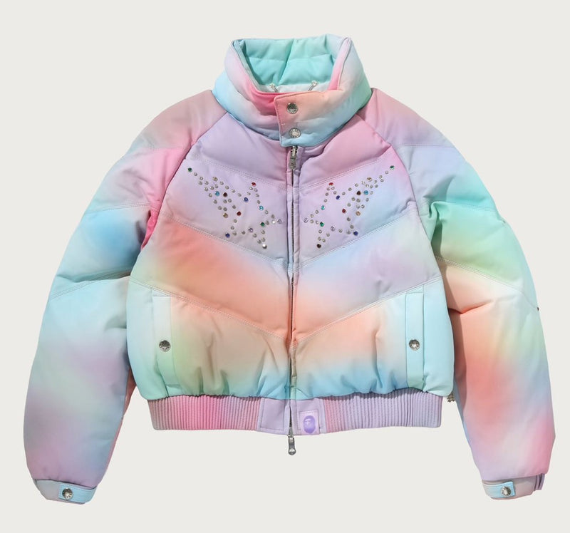A BATHING APE Ladies' TIE DYE PHINESTONE BAPE STA LEATHER CROPPED DOWN JACKET