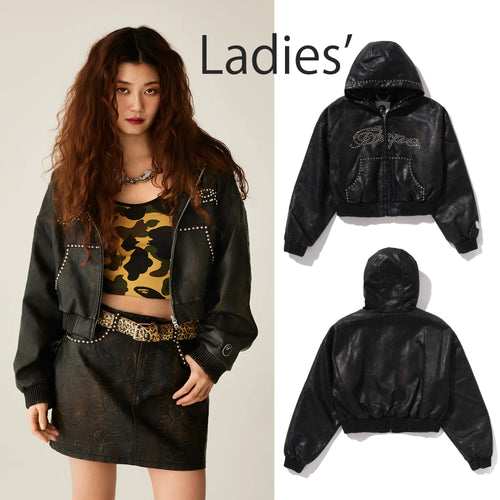 A BATHING APE Ladies' CAMO EMBOSSED WASHED RHINESTONE CROPPED JACKET