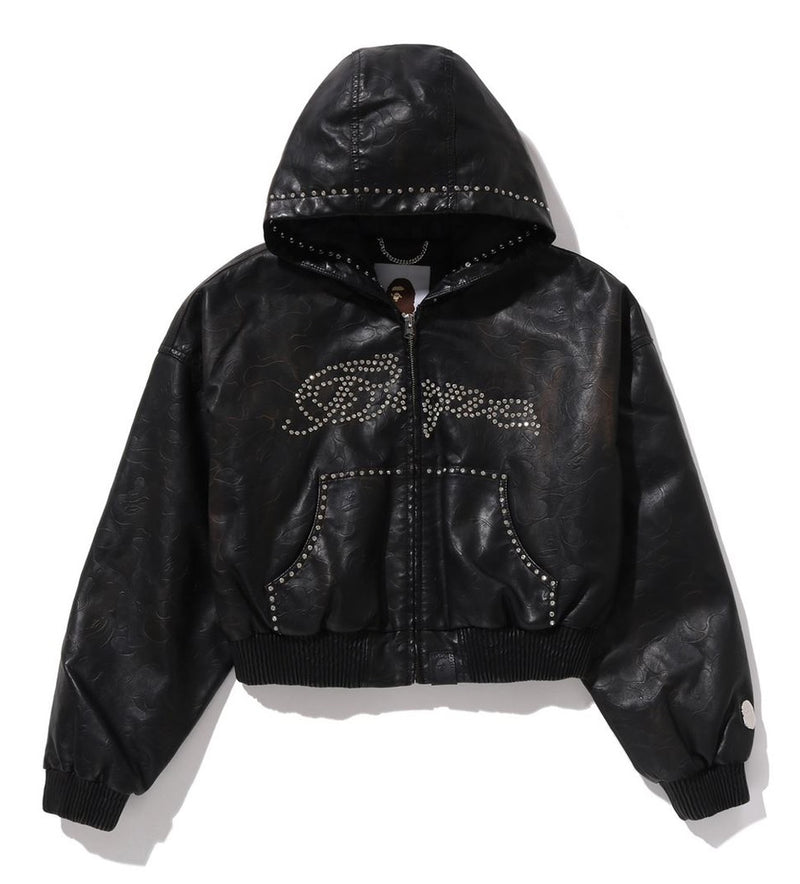 A BATHING APE Ladies' CAMO EMBOSSED WASHED RHINESTONE CROPPED JACKET