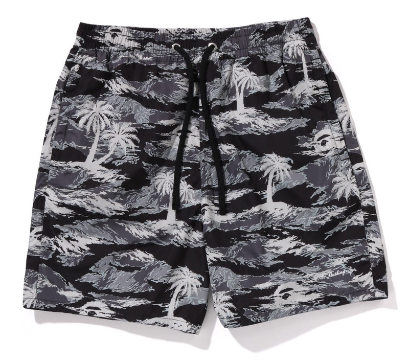 A BATHING APE PALM TREE CAMO RELAXED FIT BEACH SHORTS