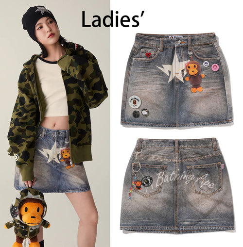 A BATHING APE Ladies' FAKE PRINT MULTI LOGO DENIM SKIRT - happyjagabee store