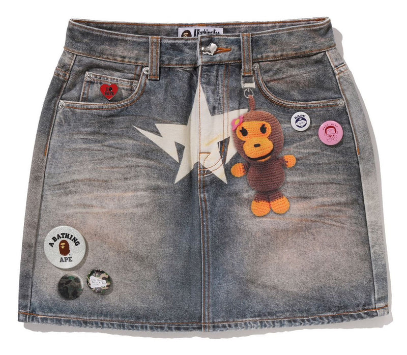 A BATHING APE Ladies' FAKE PRINT MULTI LOGO DENIM SKIRT - happyjagabee store