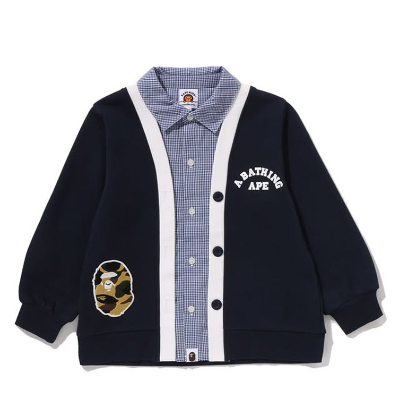 A BATHING APE BAPE KIDS 1ST CAMO APE HEAD SHIRT LAYERED CARDIGAN