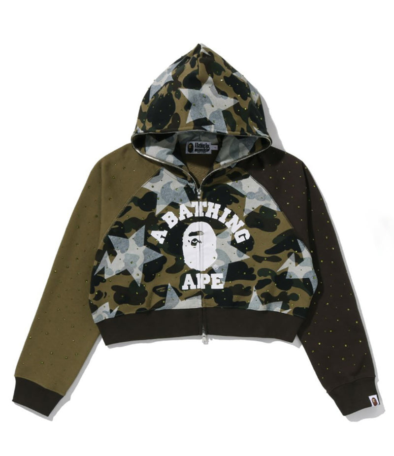 A BATHING APE Ladies' STA OVER PRINT 1ST CAMO CRYSTAL STONE COLLEGE FULL ZIP HOODIE