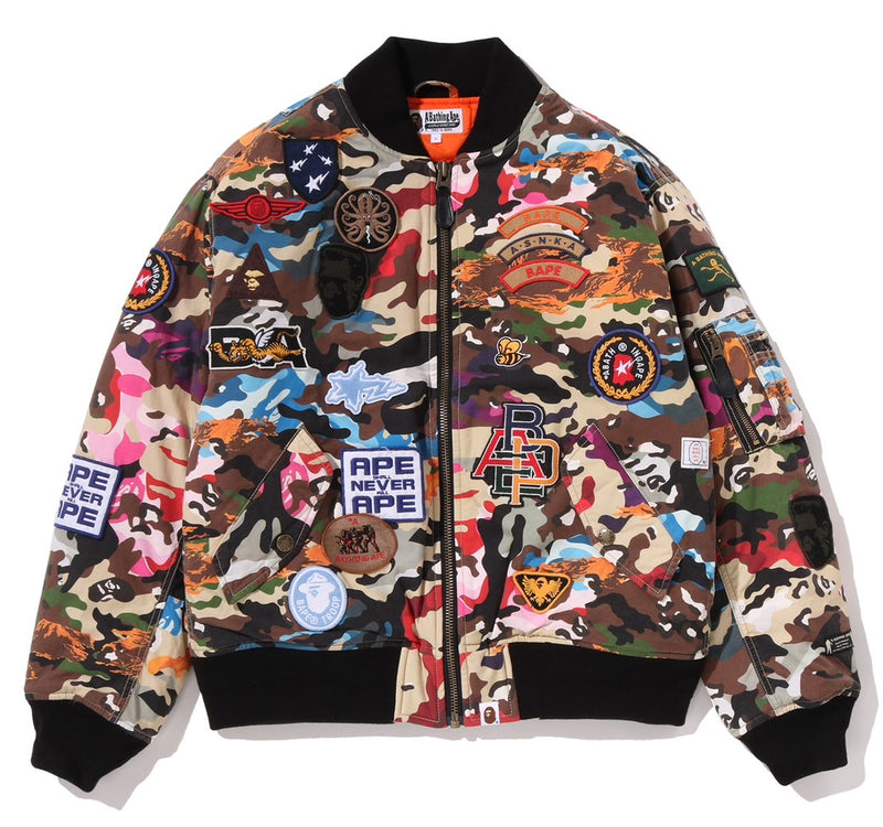 A BATHING APE HYBRID CAMO MULTI BADGE PADDED MA-1 JACKET
