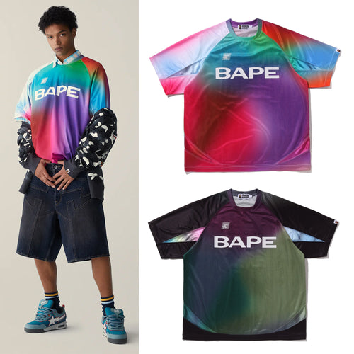 A BATHING APE TIE DYE STA STRIPE PATTERN RELAXED FIT FOOTBALL JERSEY TEE