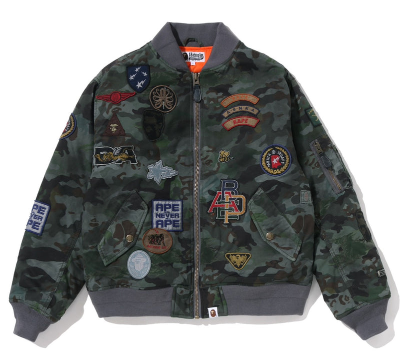 A BATHING APE HYBRID CAMO MULTI BADGE PADDED MA-1 JACKET