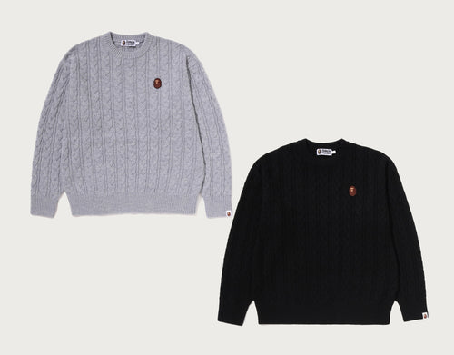 A BATHING APE ONE POINT CABLE KNIT CREWNECK SWEAT SHIRT