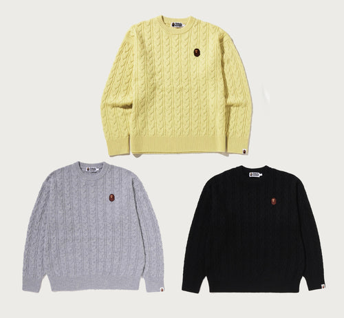 A BATHING APE ONE POINT CABLE KNIT CREWNECK SWEAT SHIRT