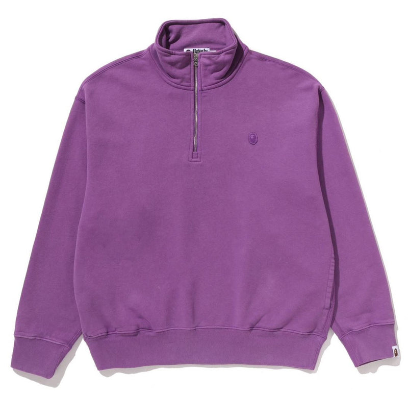 A BATHING APE GARMENT DYE ONE POINT HALF ZIP RELAXED FIT CREWNECK SWEAT SHIRT - happyjagabee store
