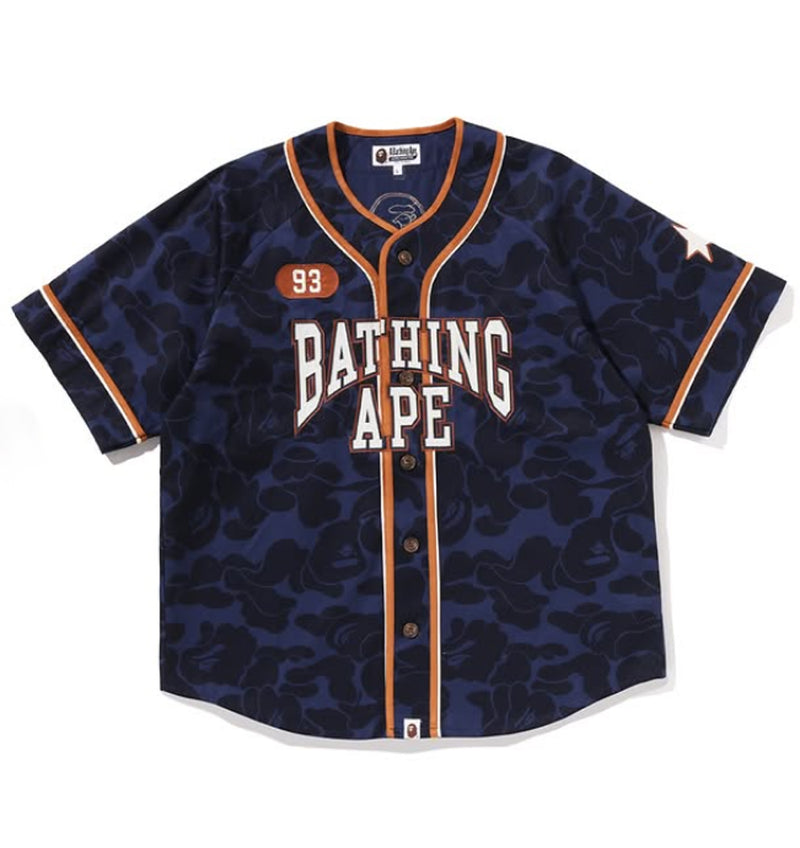 A BATHING APE SOLID CAMO MULTI LOGO BASEBALL SS SHIRT