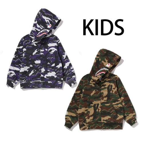 A BATHING APE BAPE KIDS GLITCH WOODLAND CAMO SHARK ZIP HOODIE
