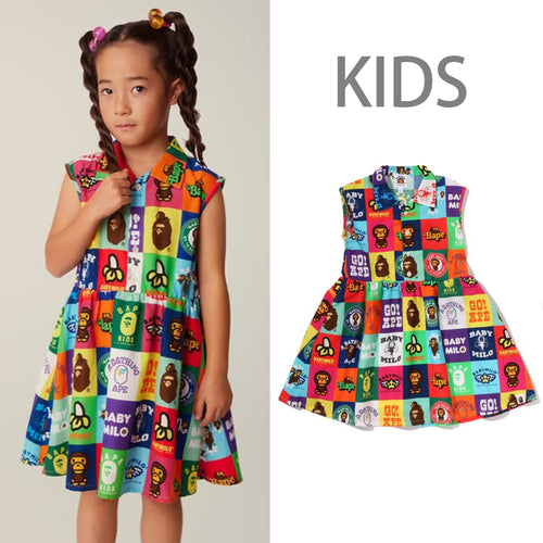 A BATHING APE BAPE KIDS BABY MILO PATCHWORK OPEN COLLAR SHIRT DRESS