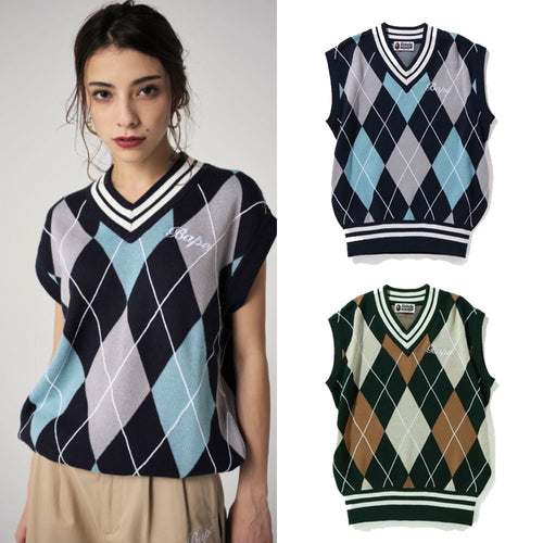 A BATHING APE Ladies' APE EMBROIDERY ARGYLE KNIT VEST