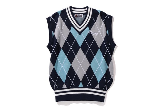 A BATHING APE Ladies' APE EMBROIDERY ARGYLE KNIT VEST