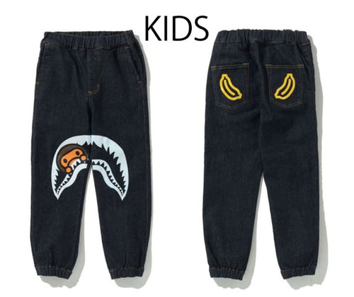 A BATHING APE BAPE KIDS MILO SHARK JOGGER DENIM PANTS