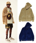 A BATHING APE BAPE LOGO MONOGRAM VELOUR SHARK FULL ZIP HOODIE