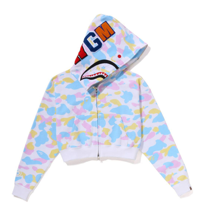 A BATHING APE Ladies' NEW MULTI CAMO CROPPED SHARK FULL ZIP HOODIE