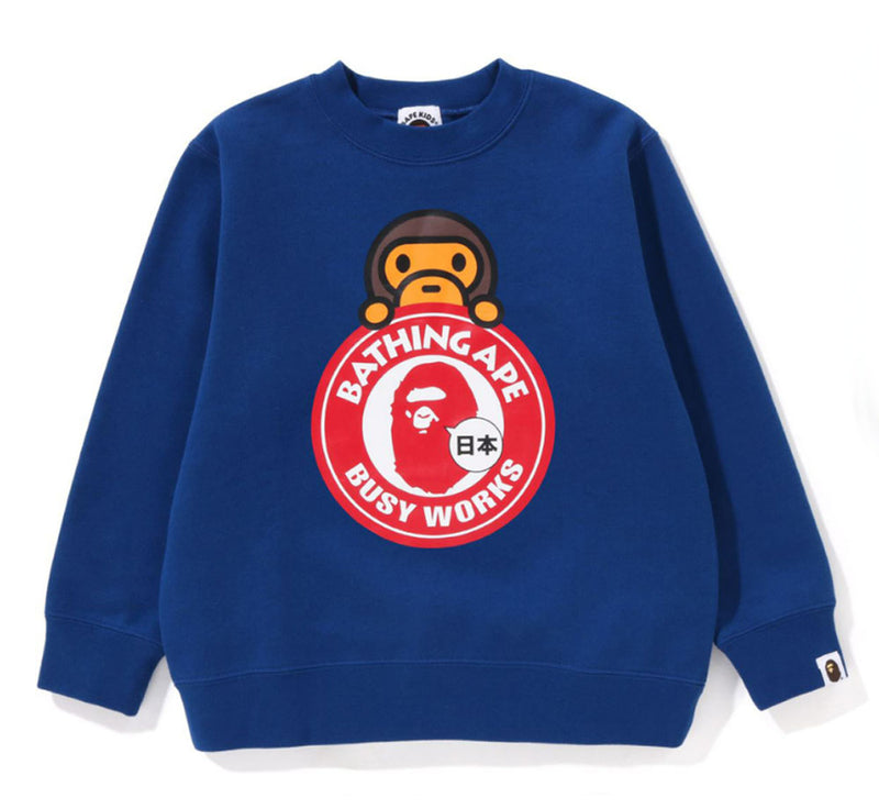 A BATHING APE BAPE KIDS BABY MILO ON BUSY WORKS CREWNECK ( JAPAN LIMITED )