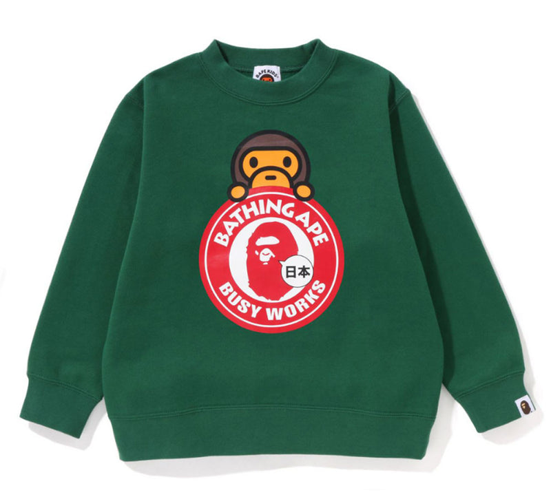 A BATHING APE BAPE KIDS BABY MILO ON BUSY WORKS CREWNECK ( JAPAN LIMITED )