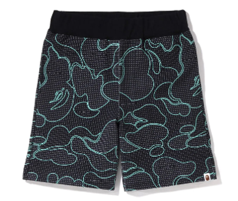 A BATHING APE TEXT CODE CAMO SWEAT SHORTS