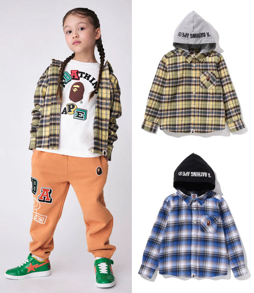 A BATHING APE BAPE KIDS CHECK HOODIE LAYERED SHIRT