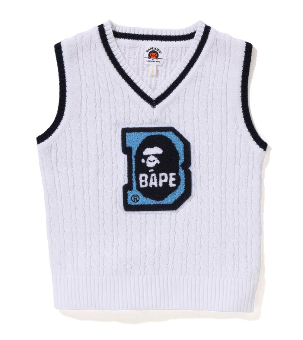 A BATHING APE BAPE KIDS APE HEAD B PATCH CABLE KNIT VEST