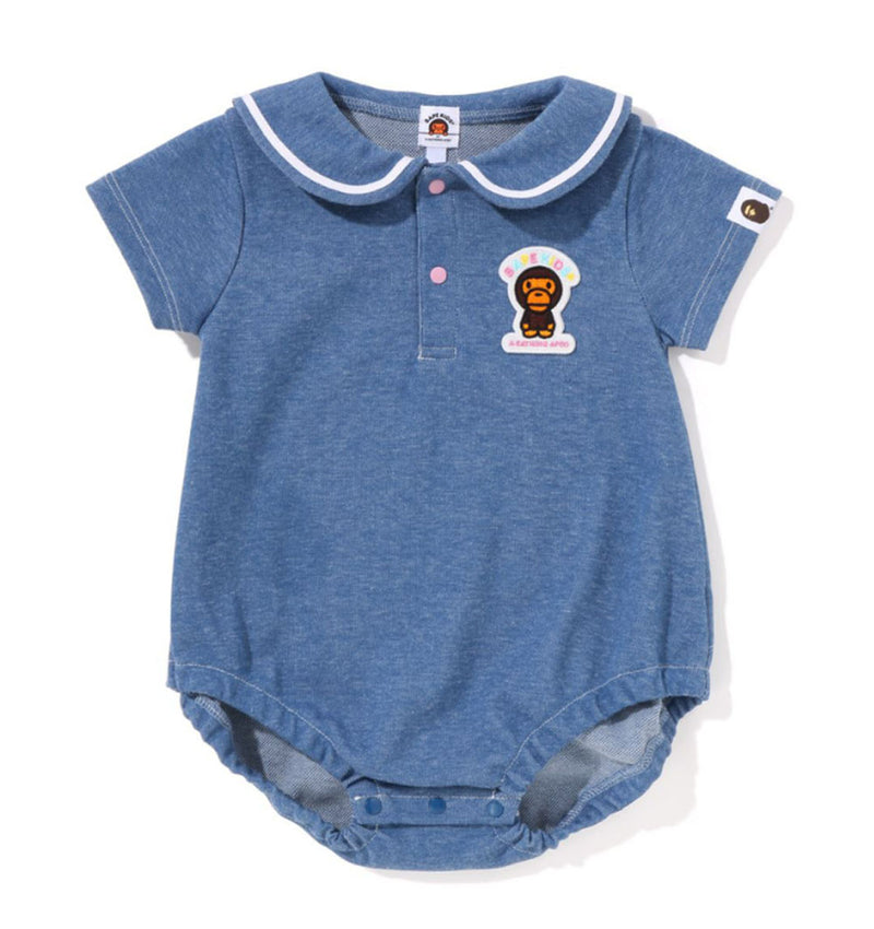 A BATHING APE BAPE KIDS BABY MILO JERSEY DENIM SAILOR COLLAR BODYSUIT