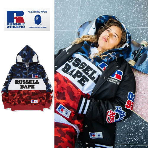 A BATHING APE × RUSSELL ATHLETIC BAPE x RUSSELL COLOR CAMO APE HALF ZIP PULLOVER HOODIE