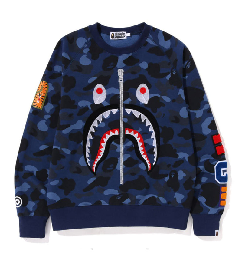 A BATHING APE COLOR CAMO EMBROIDERY SHARK CREWNECK