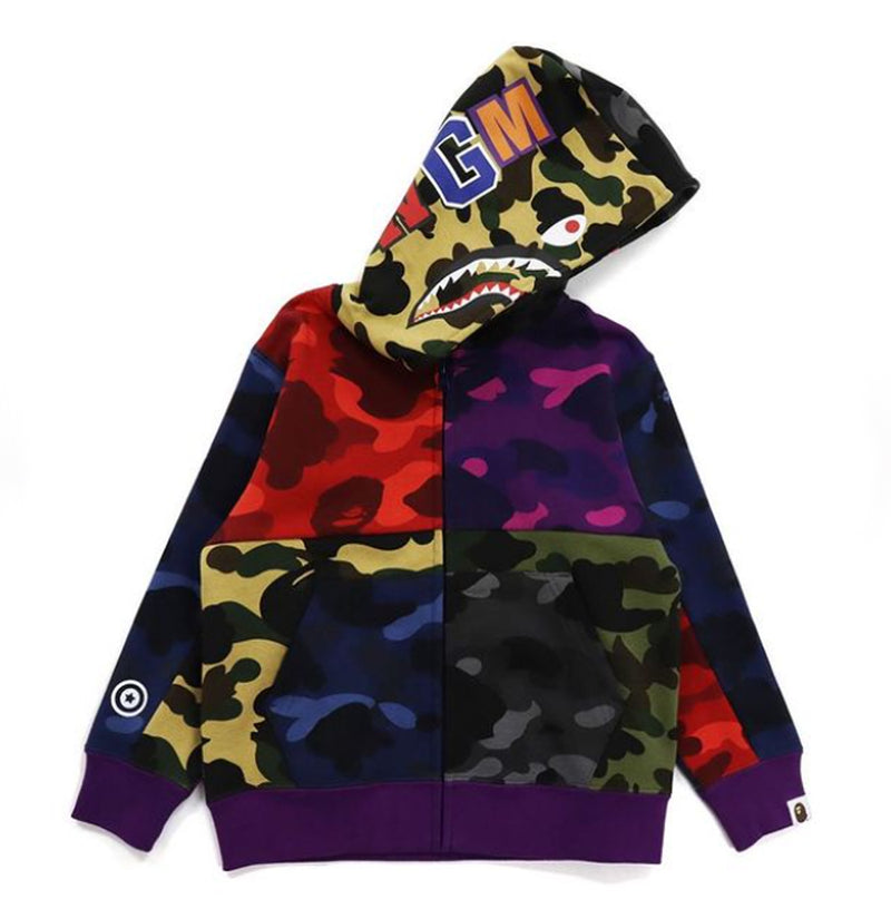 A BATHING APE BAPE KIDS MIX CAMO CRAZY SHARK ZIP HOODIE