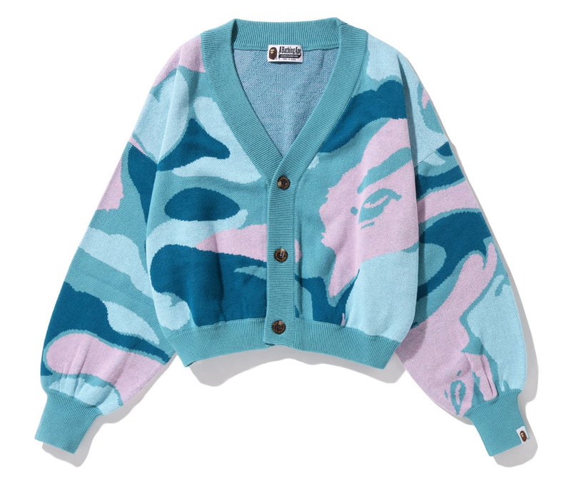 A BATHING APE Ladies' MARBLE CAMO KNIT CROPPED CARDIGAN