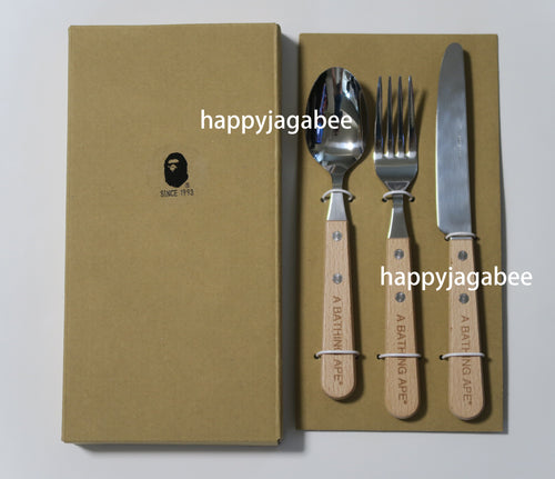 A BATHING APE BAPE CUTLERY SET Spoon/Knife/Fork Wood - happyjagabee store