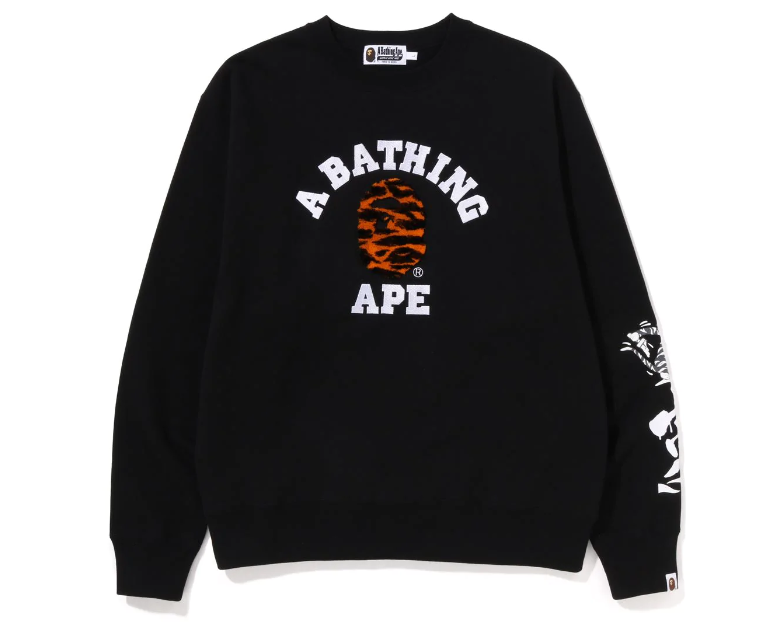 A BATHING APE TIGER CAMO COLLEGE RELAXED CREWNECK